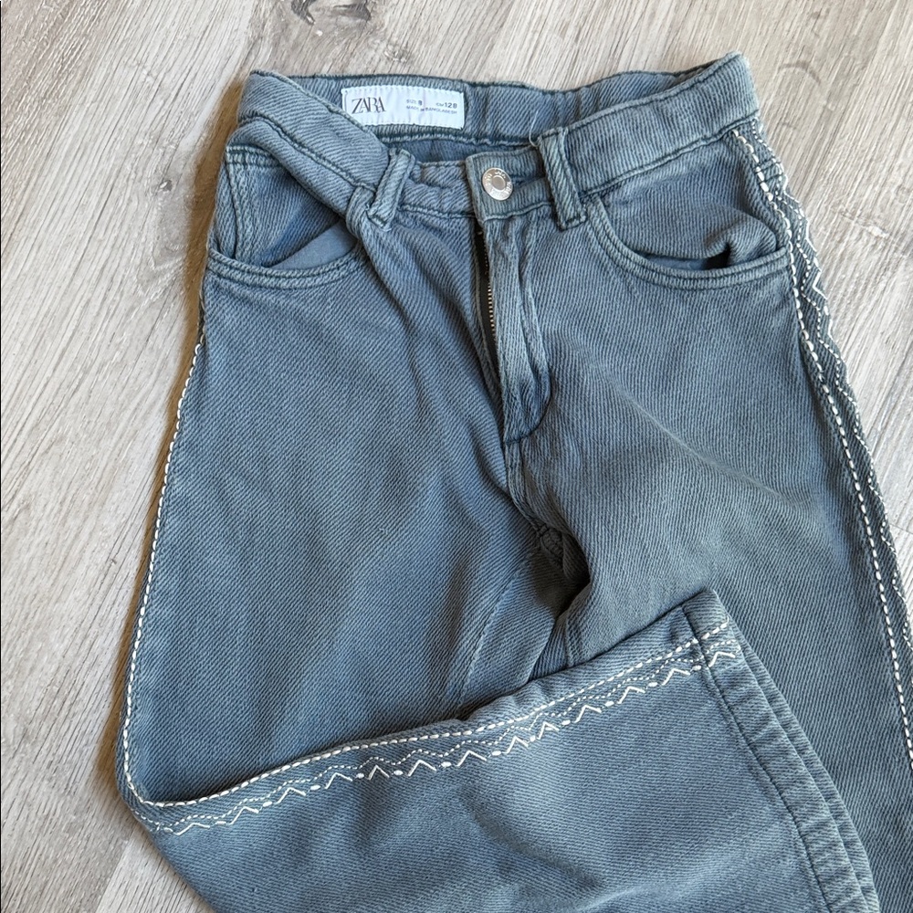 Gray Embroidered Straight-Leg Jeans